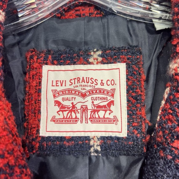 Levis Blazer Womens Medium Red Plaid Wool Blend Double Breasted Jacket - Picture 2 of 8